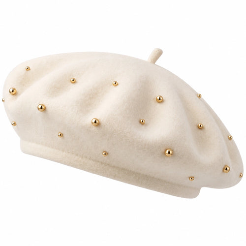 Béret beige avec perles dorées