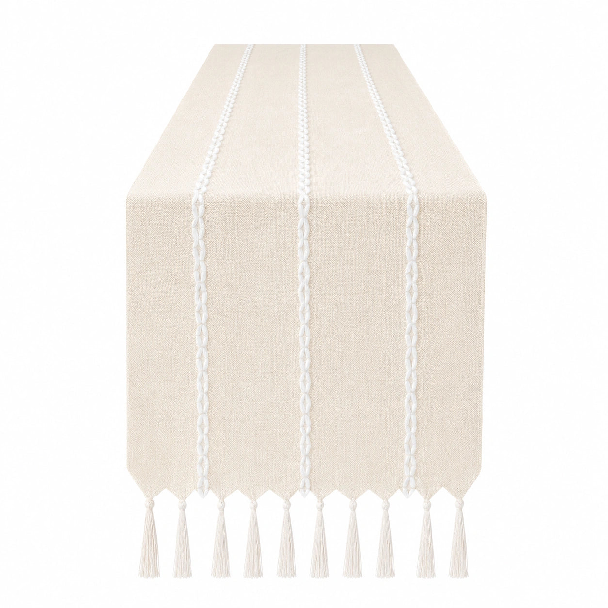 Chemin de Table Beige avec Pompons et Broderie Élégante