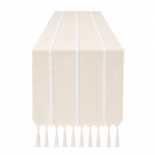 Chemin de Table Beige avec Pompons et Broderie Élégante