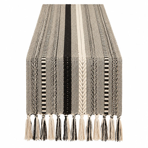 Chemin de table à rayures noir et beige avec franges - 180x33 cm