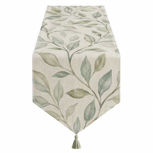 Chemin de table beige et vert avec motif de feuilles et frange