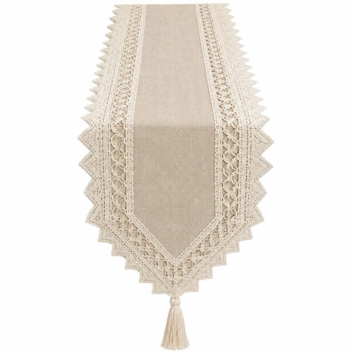 Chemin de Table en Dentelle Bohème Beige avec Pompons