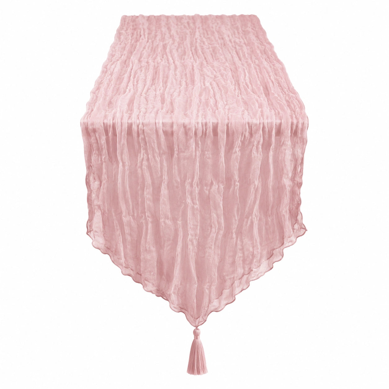 Chemin de table rose clair avec texture froissée et pompons